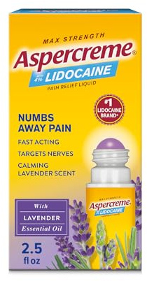 Aspercreme Essential Oils Lidocaine Pain Relief with No-Mess Roll-On Applicator, Max-Strength Lidocaine Numbs Away Nerve Pain, Moisturizing Aloe Hydrates Skin, Lavender, 2.5 Oz.