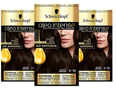 Schwarzkopf Oleo Tinte para el cabello castaño oscuro intenso, paquete de 3 colores permanentes, sin amoníaco, cubre gris, negro marrón 2-10