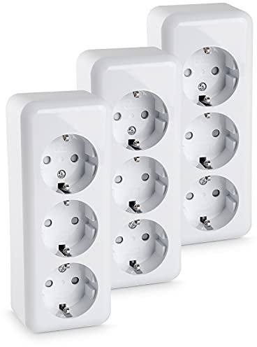 HEITECH Toma de corriente de superficie 3gang - 3x toma de corriente de pared 250 VAC 16A IP20 - Toma de corriente Schuko de superficie para interiores toma