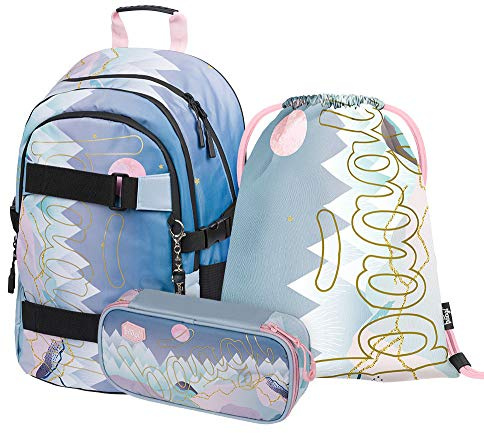 Baagl Schulrucksack Set Mädchen 3 Teilig, Schultasche ab 3. Klasse, Grundschule Ranzen mit Brustgurt, Ergonomischer Schulranzen (Skate Moon)