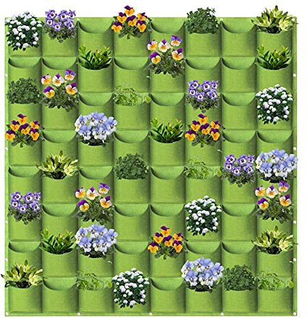 WHATWEARS Hängende Pflanztaschen, 64 Taschen, vertikale Wandmontage, Pflanztasche, Gartenarbeit, vertikale Begrünung, Blumenbehälter, Pflanztasche, Aufbewahrungstaschen (1 m x 1 m, grün)