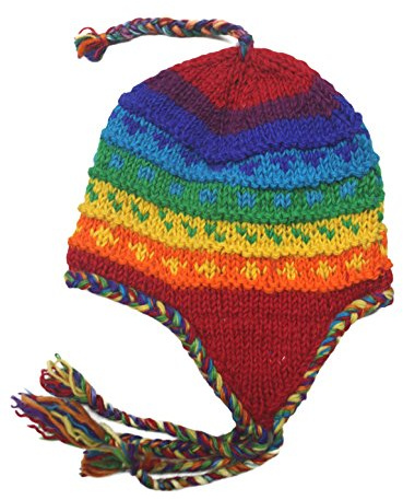 Wollmütze, handgestrickt, Unisex, Fleecefutter, Ohrenklappe, Sherpa, Nepal, Regenbogen, M/L
