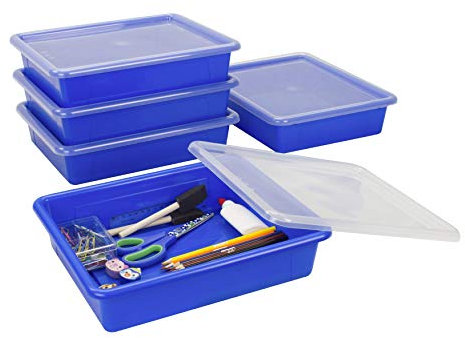 Storex Flaches Ablagefach in Briefgröße – Organizer-Abfalleimer mit Deckel für Klassenzimmer, Büro und Zuhause, blau, 5er-Pack (62536A05C)