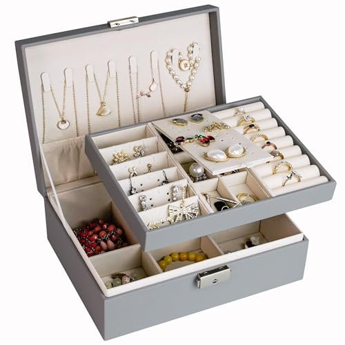 AdelDream Schmuckkästchen Damen Mädchen Schmuckaufbewahrung Reise rechteckig klein Schmuckbox Schmuckkasten für Ringe Ohringe Halskette Mehrere Farben grau1