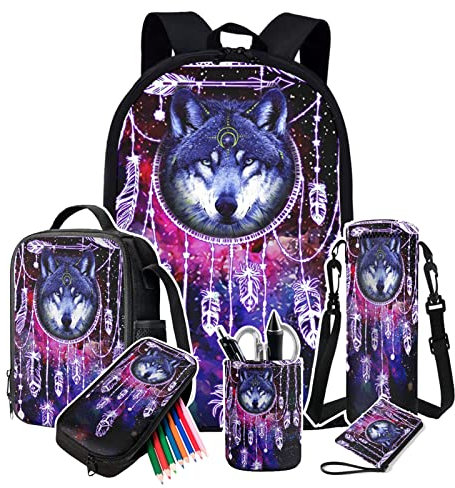 Dolyues Mädchen Faultier Rucksack Kinder Büchertasche Set, Blau Dinosaurier Neopren Flaschenabdeckung Lunchbox Sonnenblume Bleistifttasche für Jungen, Traumfänger Wolf