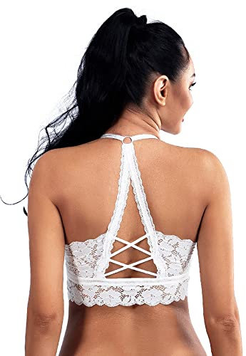 KOEMCY Spitze BH für Damen Push-Up Ohne Bügel Sexy Lifting Nahtlose Bralette Bandeau Bustier Crop Top Unterwäsche (Weiß, L)