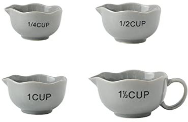 Juego de 4 tazas medidoras de cerámica con mango para hornear ingredientes húmedos y secos, aptas para lavavajillas, tazas medidoras líquidas/secas, incluye 1/4 taza, 1/2 taza, 1 taza y 2 tazas (gris)