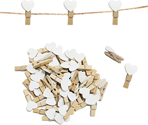 CUWELT 100 mollette a forma di cuore, 3.5 cm, mini mollette in legno a forma di cuore, con filo di iuta naturale da 30 m, biglietti fai da te e bricolage, colore: bianco