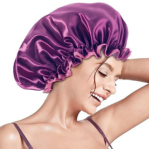 Aquior Shower Caps, Reusable Shower Cap for Women, Double Layer Waterproof Hair Cap, Large Size for All Hair Lengths,for Girls Spa Home Salon Use (Purple)
