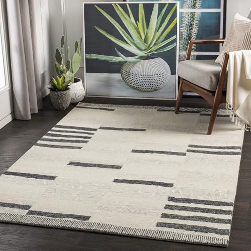 Livabliss Mehkar Handmade Geometric Rug, Scandi Area Rugs Living Room 183x274 cm, Dining, Kitchen, Neutral, Abstract Patterned, Boho Style, Easy Care Pile, Wool Rug, Black, Beige, Taupe