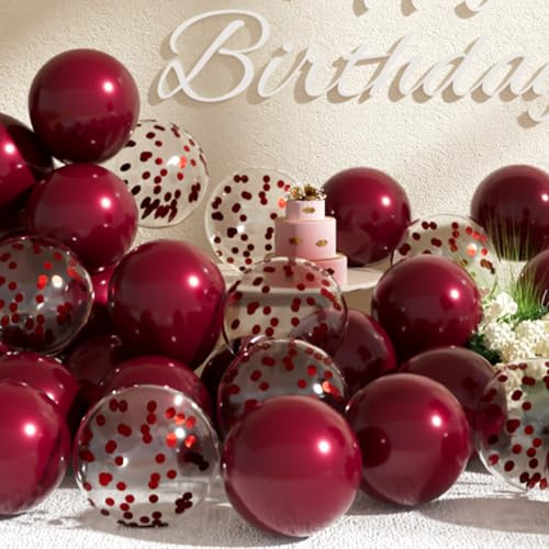 SUWEN 47Stk Burgunderrote Latex Konfetti Ballons Set | Glänzend Latex Helium Kastanienbraun Ballon für Geburtstag Abschluss Jubiläum Party Dekorationen