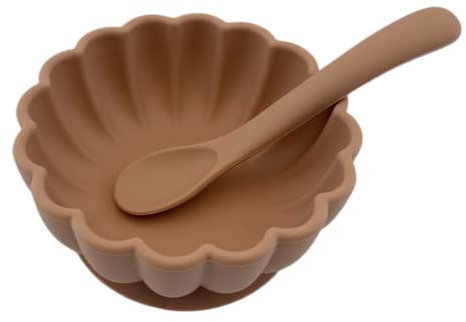 Alimos Scalloped Edge Silicone Baby Weaning Bowl and Spoon Set BPA-Free Baby Led Weaning Suction Base Baby Bowl (Autumn Blaze)