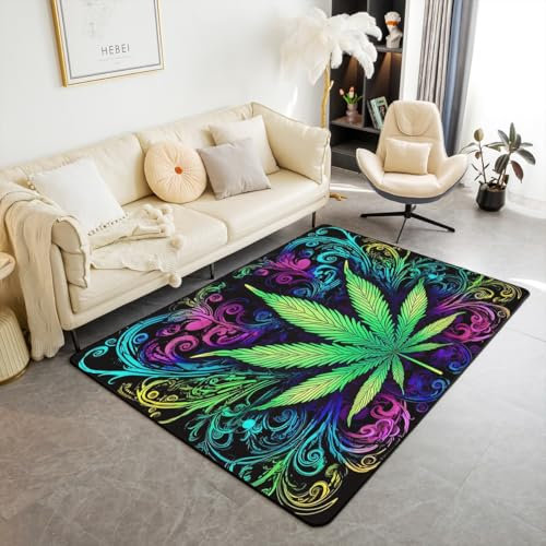 Weed Area Rug 5'x7' and Mats, Marihuana Weed Leaf Decorative Carpet Set Trippy Cannabis Leaves Super Floor Mat Decor, Boho Carpet,Non-Slip Living Room Rugs for Bedroom