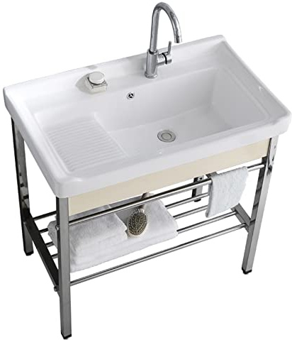 YZJJ Lavabo avec Porte-Serviettes - Lave Main WC - Céramique Blanc Brillant - Lave Main Vasque - Rlave Main WC Robinet Robinet pour Lave Main (Size : 60cm/24in)