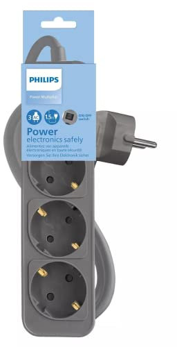 Philips Regleta CHP2134G/10 - Regleta 3 Tomas de Corriente, Cable 1.5 Metros, Interruptor Principal, Incluye Cierre de Seguridad Automático, Indicador LED de Alimentación - Color Gris