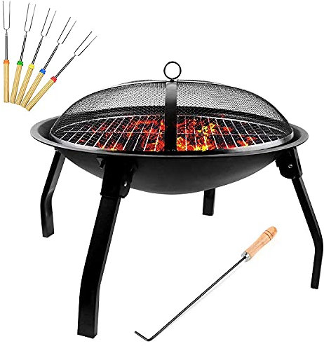 Zusammenklappbare Feuerstelle mit 5 Grillstäben, 54 cm tragbare Feuerschale, mit Netzabdeckung, Schürhaken-Funkenschutz