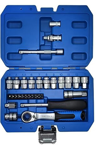 JEUCLEL 29pc Pass-Through Socket Set, 1/4 Inch Drive Impact Master Ratchet Set With Universal Joint, Deep & Low Profile Go-Through Sockets
