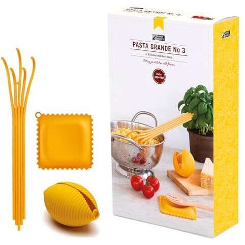 Monkey Business Ustensiles de Cuisine en Silicone dans Une boîte Cadeau / 3 Grands Gadgets de Cuisine en Forme de pâtes/Repose-cuillère à raviolis, Presse-Citron Conchiglie, cuillère de Service