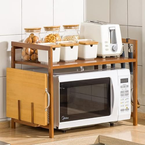 Estante para microondas, soporte de madera para microondas, soporte de horno de microondas de bambú de 2 capas, estante de almacenamiento de cocina ajustable con 4 ganchos y soporte para tabla de