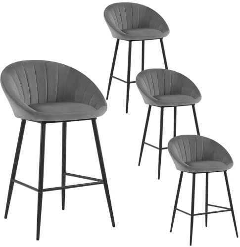EUGAD Tabouret Bar, Lot de 4, Chaise de Bar Fixe, en Velours, Siège Rembourré, avec Dossier en Coquillage, avec Pieds en Métal et Repose-Pieds, Gris foncé, 1079BY-4