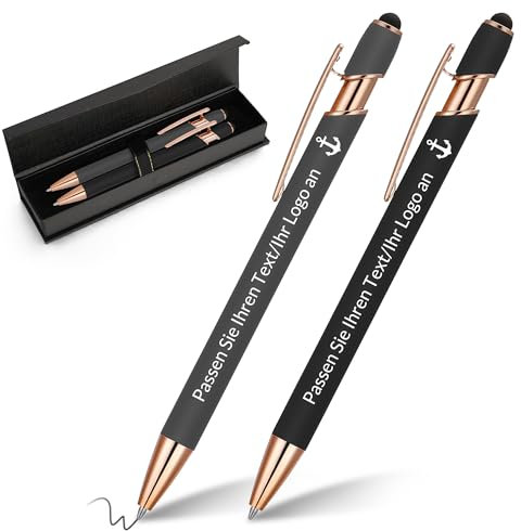 kodinsiivous 2 Stück Personalisierbarer Kugelschreiber,Metall Stift mit Stylus, Druckkugelschreiber mit Namen und Ikone Gravur Geschenk für Abschlussfeier, Jubiläum, Büro, Glattes Schreiben,Grau