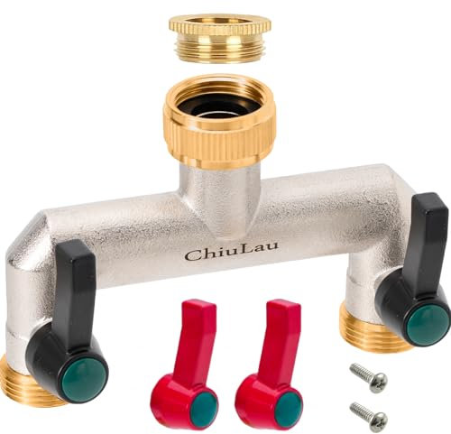 ChiuLau 2-Wege Verteiler, 1/2 Zoll und 3/4 Zoll Messing Wasserhahn Wasserverteiler mit 2 Griffen, zum Anschluss 2 Geräten Gartenschlauch, Gartenschlauchverteiler für Garten Bewässerung Waschküche