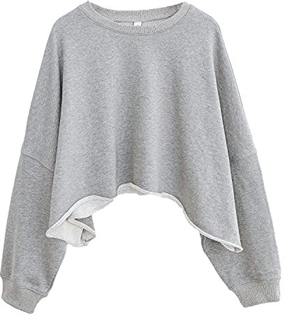 Amazhiyu Damen Sweatshirt, Crop Pullover Ohne Kapuze, Damenpullover Baumwolle Langarm Casual Basic Pulli Oversized Langarmshirt Oberteile Tops, Grau, L