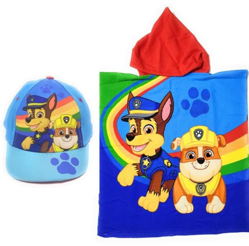 Paw Patrol Poncho Handtuch für Strand oder Pool + Paw Patrol Mütze für Kinder, Set mit Mütze und Poncho, verstellbar, Poncho mit Kapuze (Blau, 110 x 55 cm)