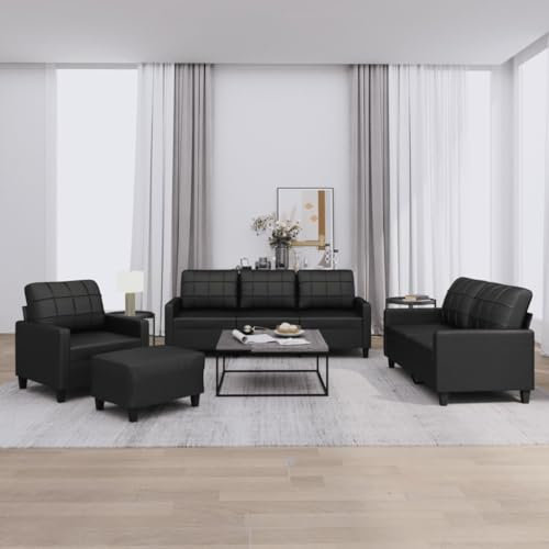 Willood 3 Sitzer + 2 Sitzer Sofa + Sessel + Hocker Sofagarnitur Kunstleder Schwarz