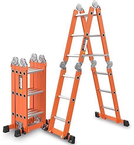 Scala telescopica in alluminio, 8,1 m, multiuso, pieghevole ed estensibile, con barra stabilizzatrice, scala a spina di pesce, 3,8 m, leggera e portatile