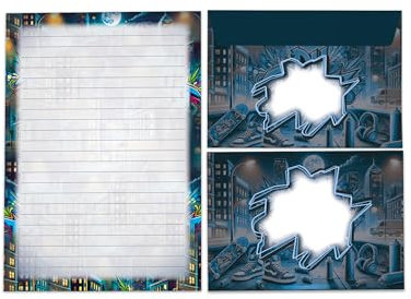 Briefpapier-Set Briefblock mit Umschlag Geschenk für Jungen Mädchen Kinder Graffiti Street Art Stadt (Block A5 mit 25 Blätter + 15 Umschläge)