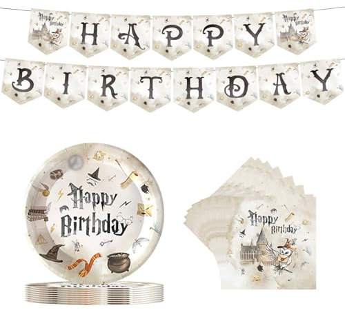 AINIUNIU 41 pcs HP Birthday Party Tableware Set, Wizard Party Disposable Dinnerware Magician Party Paper Plates Napkins and Banner, for Kids Harry Theme Birthday Party, 20 Guest