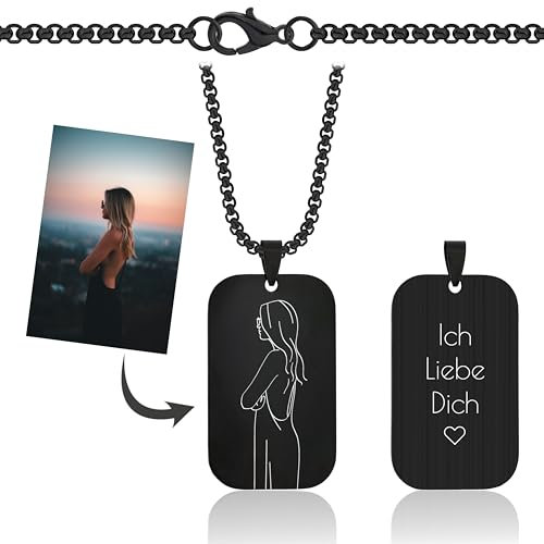 Lumari Gold Personalisierte Foto Halskette mit Gravur - Dog Tag Anhänger für Herren & Damen, Lasergravur Edelstahl Kette - Geschenkidee für Partner, Familie, Freunde, Schwarz