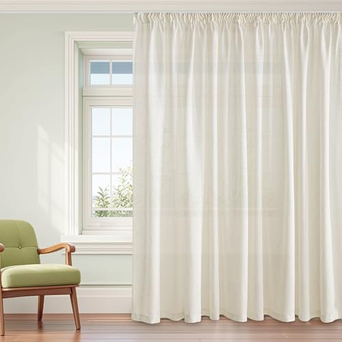 PONY DANCE Rideau Voilage Beige - Rideaux Salon Voile Galon Fronceur en Lin Draperies Demi Transparent Décoration de Maison, Largeur 300 cm sur Hauteur 220 cm, Beige Clair, Lot de 1