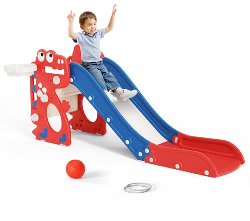 Lischwert Kinderrutsche 4-in-1-Kleinkindrutsche Unabhängiges Dinosaurierförmiges Rutschenset mit Basketballkorb, Reifenspielzeug, Rutsche, Klettergerüst (Dinosaurier-blau-rot)