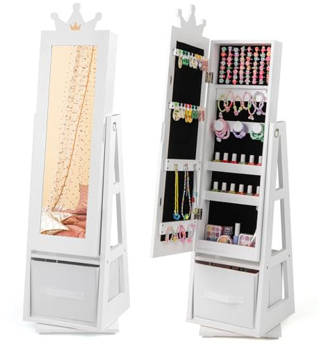 DREAMADE 3-in-1 Schmuckschrank mit Kinderspiegel, Stoffbox & Ablage, drehbarer Holzspiegel für Kinder ab 3 Jahren (Weiß)