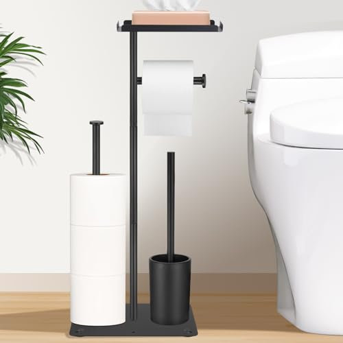 Zocipro Free Standing Toilet Paper Holder with Toilet Brush, Modern Stainless Steel Bathroom Floor Stand with Top Shelf, Holds 4 Rolls, Matte Black Tall Tissue Roll Holder