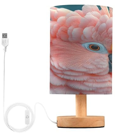 Minimalistische Nachttisch-Lampe – Rosa Kakadu-Kopf-Nachttischlampe mit USB-Anschluss, Holzsockel, runder Flachs-Stoffschirm, Schreibtisch-Leselampe für Wohnzimmer, Büro, Wohnheim
