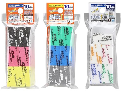 GodHand Kamiyasu Sanding Sponge 10mm Assortment Set 120, 240, 400, 600, 800, 1000, 2000, 4000, 6000, 8000, 10000 Grit Coarse Medium Fine Reusable Pack for Plastic Models 34 Pieces