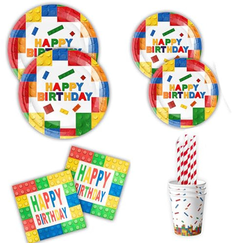 Baustein partygeschirr set,60 stüke kindergeburtstag deko,Enthält pappteller bunt,pappbecher bunt,servietten kindergeburtstag,Strohhalme, geeignet für kinder geburtstag,Bausteinparty