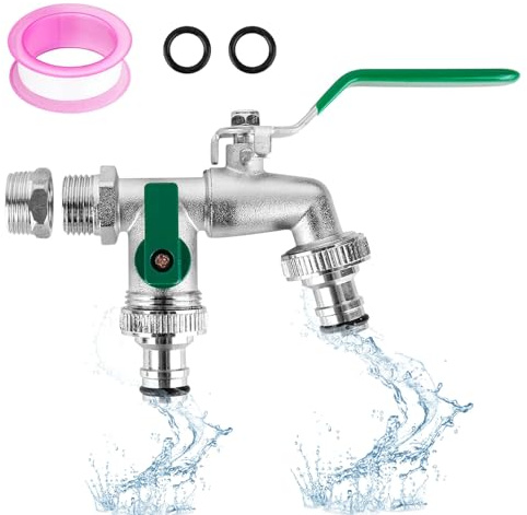Double Garden Tap, Outdoor Garden Tap 3/4inch and 1/2 inch BSP, Zinc Alloy Rust and Antifreeze Double Output Faucets for Garden Washing Machine Rain Barrel(Green)