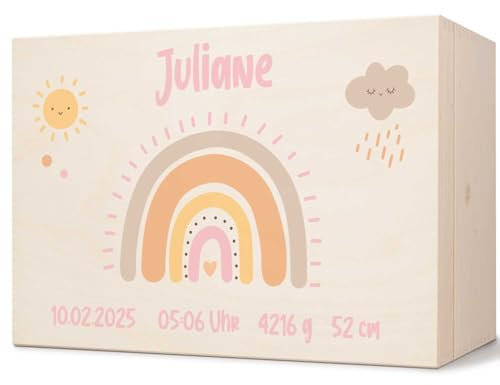 GRAVURZEILE Personalisierte Erinnerungskiste für Babys - Regenbogen Pastell Rosa - Personalisiert mit Name & Datum - Holzkiste für Mädchen & Jungen - Geschenk fürs Baby zur Geburt - Erinnerungsbox