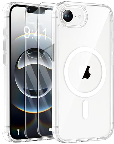 ORETECH Magnetisch Hülle für iPhone 16e 2025 mit 2 Schutzfolie, Kompatibel mit Mag-Safe, Stoßfest Kratzfest Transparent Rückseite Handyhülle für iPhone 16e Hülle 6,1 Transparent