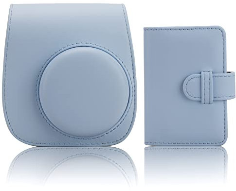 QICNMFA Kamera Tasche Kompatibel mit Fujifilm Instax Mini 12 11 9 8 8+ Sofortbildkamera PU Leder Kameratasche mit 28 Taschen Mini Fotoalbum und Verstellbarem Schulterriemen (Pastellblau)