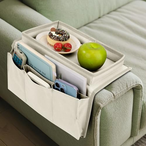 Organizador de Reposabrazos para Sofá, Bolsillo Bandeja para Silla, Soporte de Bolsa de Almacenamiento de Tela para Sofá con 5 Bolsillos, para Revistas Snacks o Bebidas y Remoto, Teléfono, Blanco