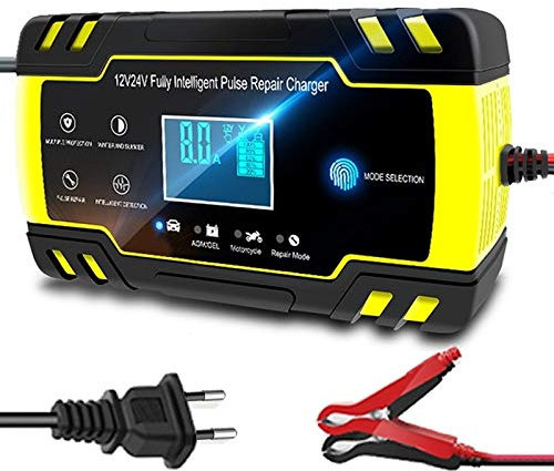 Chargeur Batterie Voitures, 12V-24V 8A entièrement automatique Batterie-chargeurs affichage numérique chargeurs de batterie de voiture électrique Puls Réparation Chargeurs humide sec Chargeur de Batte