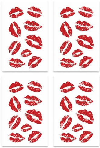 Red Lip Temporary Tattoos, 4Pcs Realistic Lipstick Kiss Mark Stickers Waterproof Long Lasting Lip Print Body Art Decals for Women Men Music Festival Holiday Party Valentine's Day