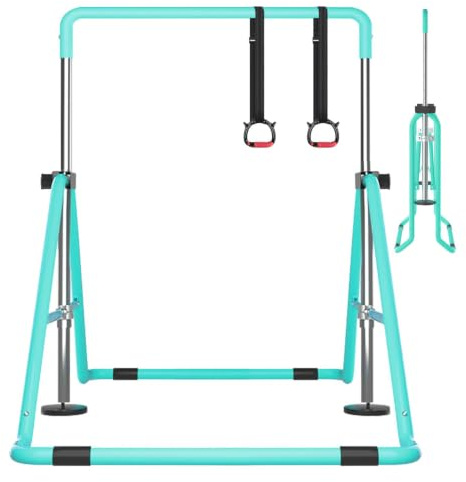 DOBESTS Gymnastikstange, Höhenverstellbares Turnreck 90-130cm, Faltbar | Mit Turnringen & Matte, bis 100 kg belastbar – platzsparend faltbares Gymnastikgerät für Zuhause, Fitnessraum & Garten