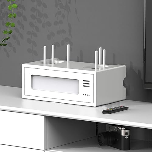 PAKMEZ Cache Box Routeur WiFi, Étagère pour Décodeur, Support de Stockage WiFi en Bois, pour WiFi, DVD, pour Gestion des câbles pour Salon, Chambre, Bureau(White,35 * 20 * 14cm/13 * 7 * 5in)