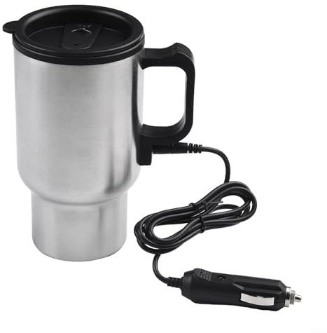 Stainless Steel 450ml 12V Car Electric Heated Travel Mug with Vacuum Insulation and Silicone Seal Lid, Fits Most Cup Holders for Road Coffee or Tea